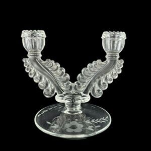 Vintage Susquehanna Clear Glass Crystal Candlestick 2 Arm  Etched Floral & Leaf